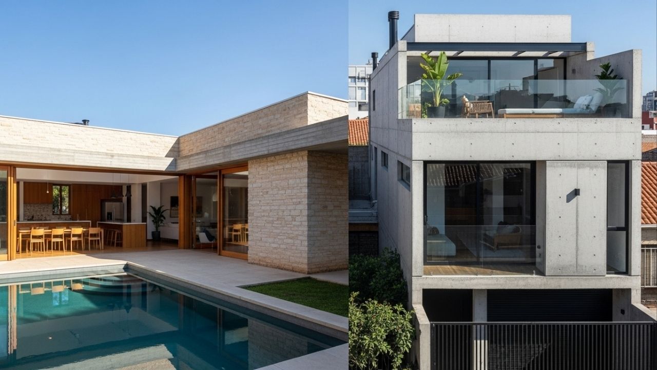 Soluções inteligentes de moradia em L com piscina e sobrado compacto com rooftop unem funcionalidade e vida urbana