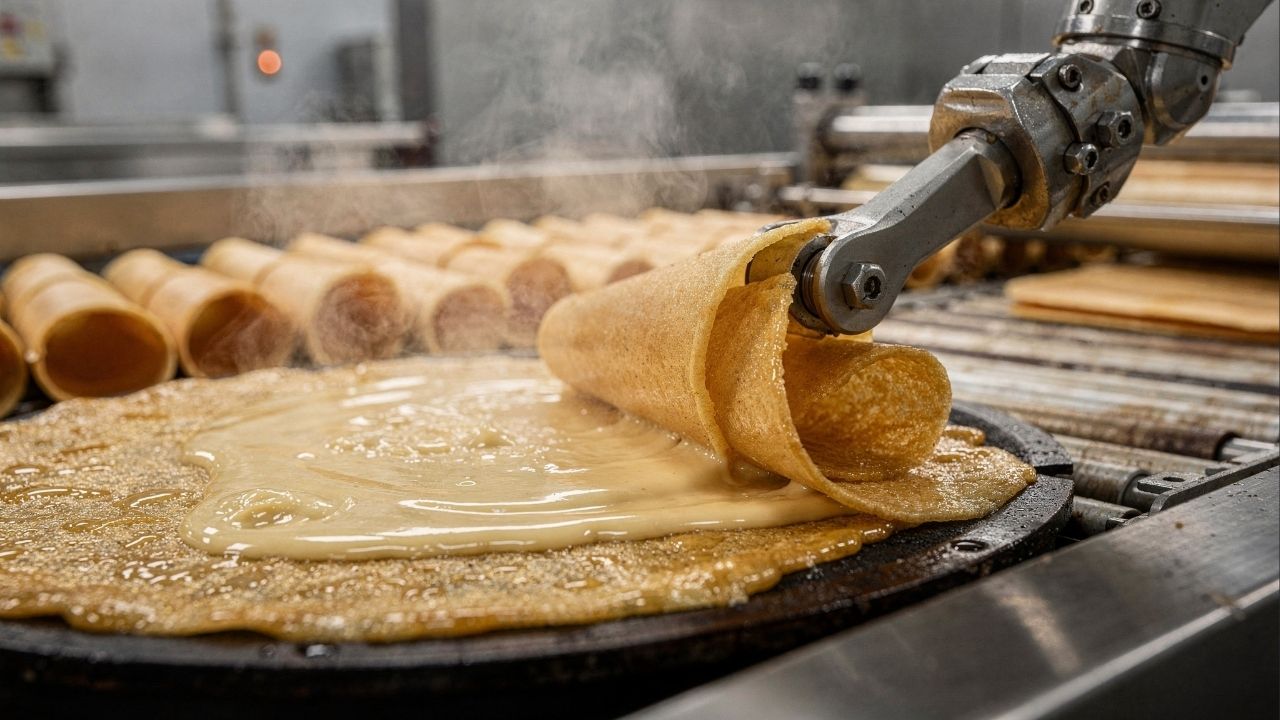 Uma massa de trigo e açúcar assada a 200 graus em segundos; é assim que a indústria molda a casquinha de sorvete crocante que você tanto adora