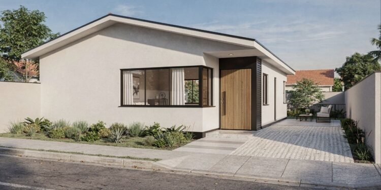Casa térrea compacta com 2 dormitórios e pátio lateral de 64 metros quadrados otimiza conforto e iluminação natural