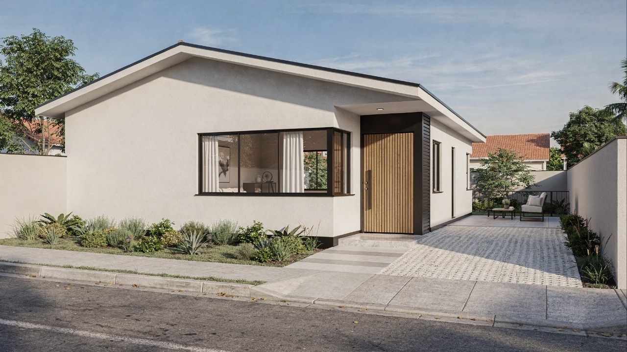 Casa térrea compacta com 2 dormitórios e pátio lateral de 64 metros quadrados otimiza conforto e iluminação natural
