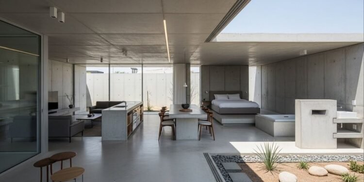 Casal constrói sozinho casa de concreto aparente minimalista com 2 quartos, integração total e estilo europeu