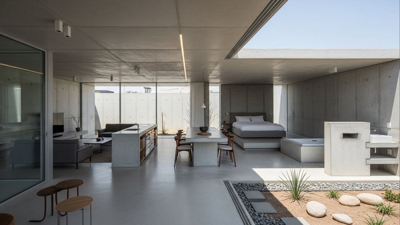 Casal constrói sozinho casa de concreto aparente minimalista com 2 quartos, integração total e estilo europeu