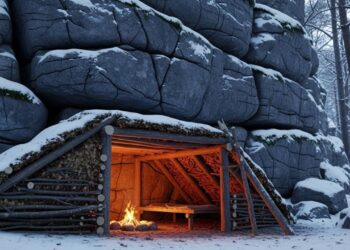 Jovem constrói sozinho um abrigo de bushcraft sob penhasco, com isolamento térmico e minimalismo funcional