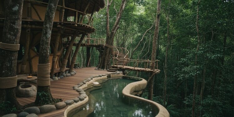 Projeto de casa na árvore com piscinas naturais é construída em 69 dias usando barro, bambu e pedra
