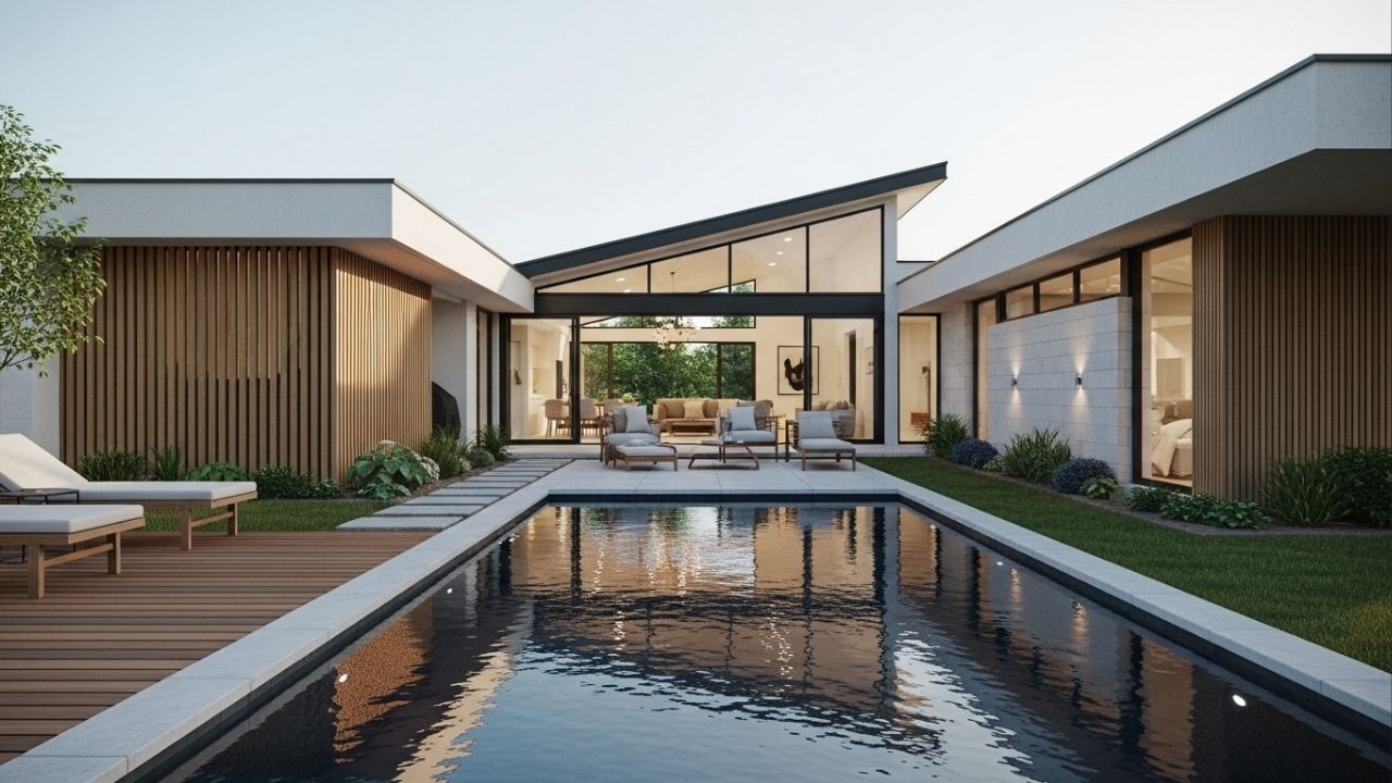 Com 132 metros quadrados, 3 quartos, 3 banheiros, essa cara é um lar amplo com pé-direito alto e piscina nos fundo