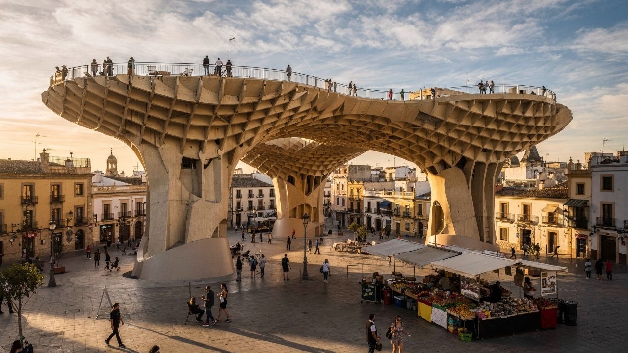 Com 150 metros de extensão e feita de madeira a estrutura Metropol Parasol virou a maior construção de madeira do mundo e ícone moderno de Sevilha