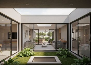 Projeto de casa térrea compacta com 76 metros quadrados, pátio interno, 2 quartos, 1 banheiro, ventilação cruzada e privacidade