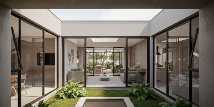 Projeto de casa térrea compacta com 76 metros quadrados, pátio interno, 2 quartos, 1 banheiro, ventilação cruzada e privacidade