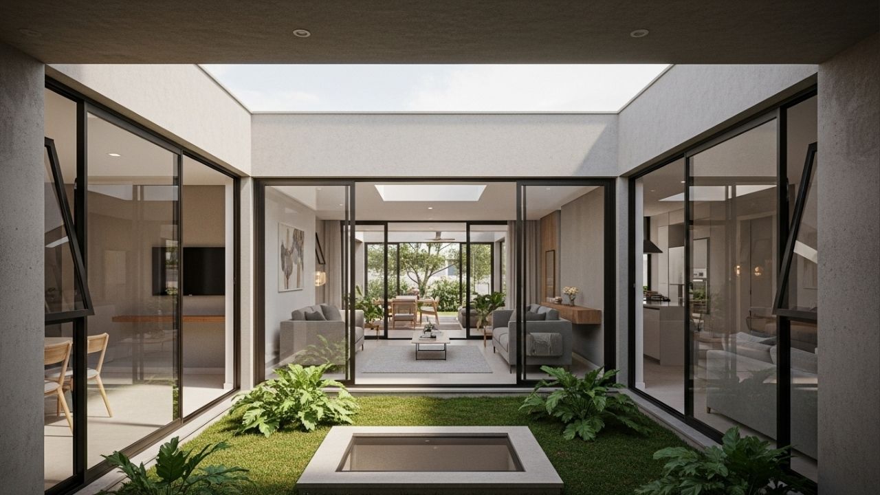 Projeto de casa térrea compacta com 76 metros quadrados, pátio interno, 2 quartos, 1 banheiro, ventilação cruzada e privacidade