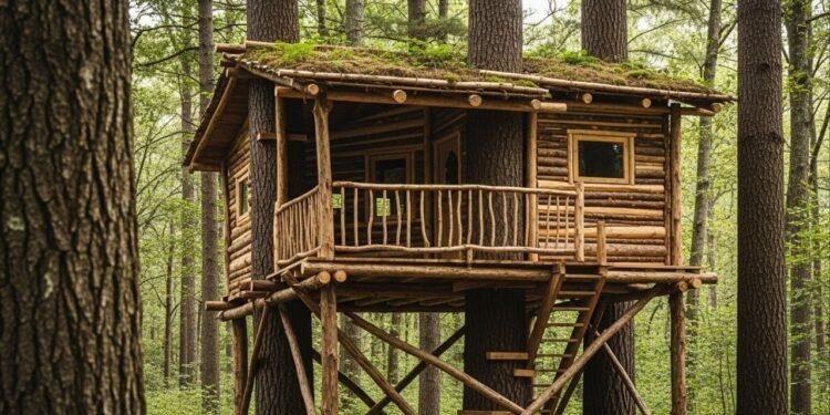 Dois aventureiros criam refúgio secreto elevado com design minimalista e camuflagem natural completa