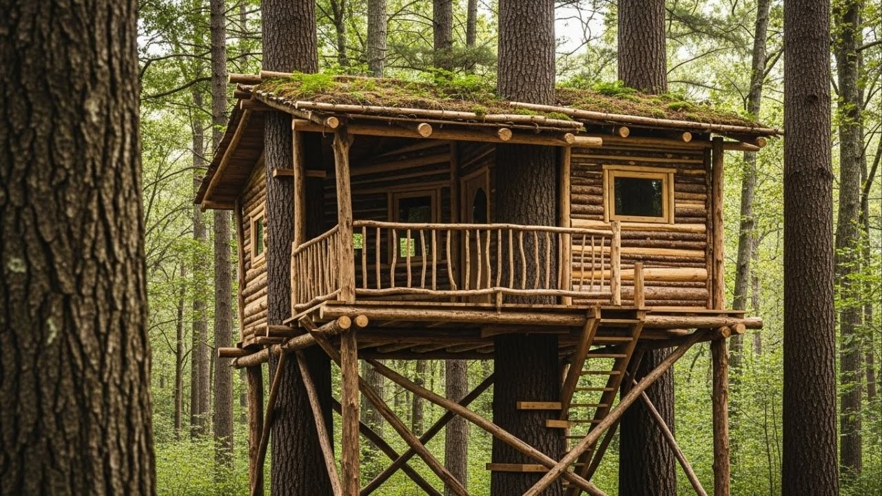Dois aventureiros criam refúgio secreto elevado com design minimalista e camuflagem natural completa