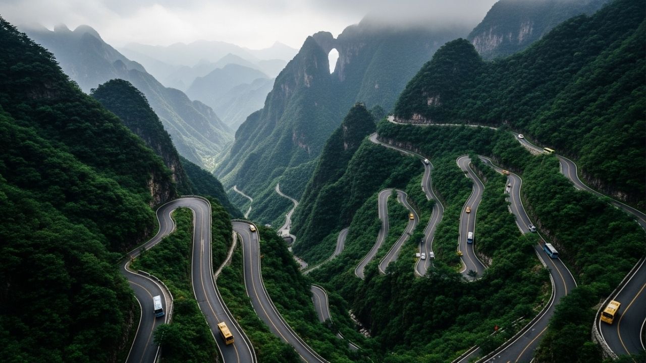 A estrada chinesa sobe 1.100 metros com 99 curvas fechadas; a Tianmen Mountain Road desafia motoristas em um dos trajetos mais íngremes do mundo