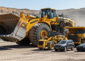 Capaz de erguer 72 toneladas de uma só vez, o titã de 2.300 cavalos com pneus de 4 metros é a maior pá carregadeira do mundo