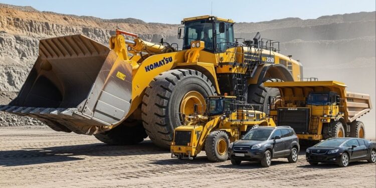 Capaz de erguer 72 toneladas de uma só vez, o titã de 2.300 cavalos com pneus de 4 metros é a maior pá carregadeira do mundo