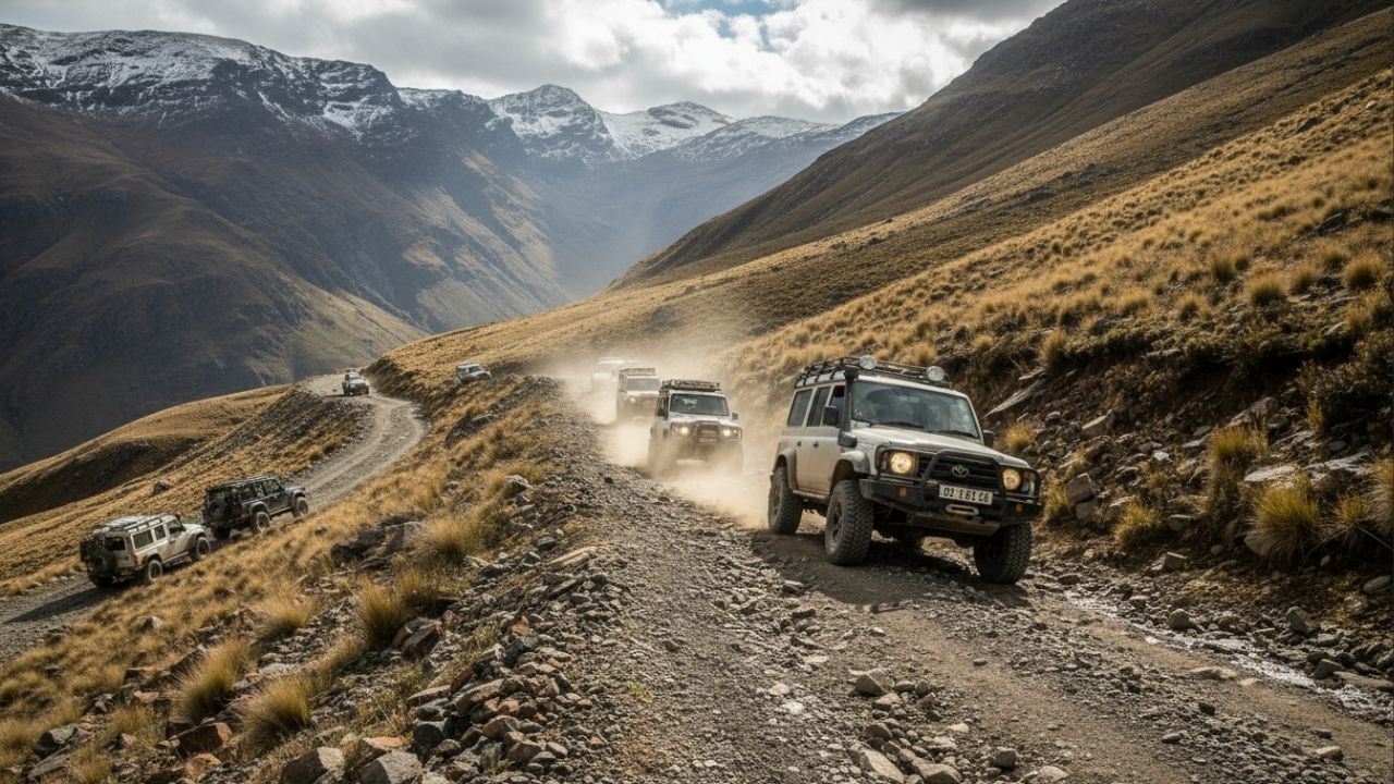 A passagem no Lesoto atinge 3.500m de altitude; com 9 km de cascalho e abismos, a Sani Pass só pode ser vencida por veículos 4x4