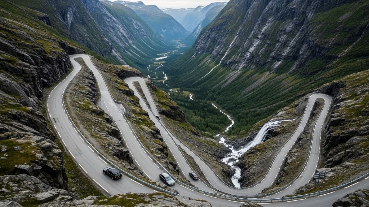 A rodovia na Noruega possui 11 curvas em grampo de cabelo e inclinação de 10%; a Trollstigen é uma obra de engenharia esculpida nas montanhas árticas