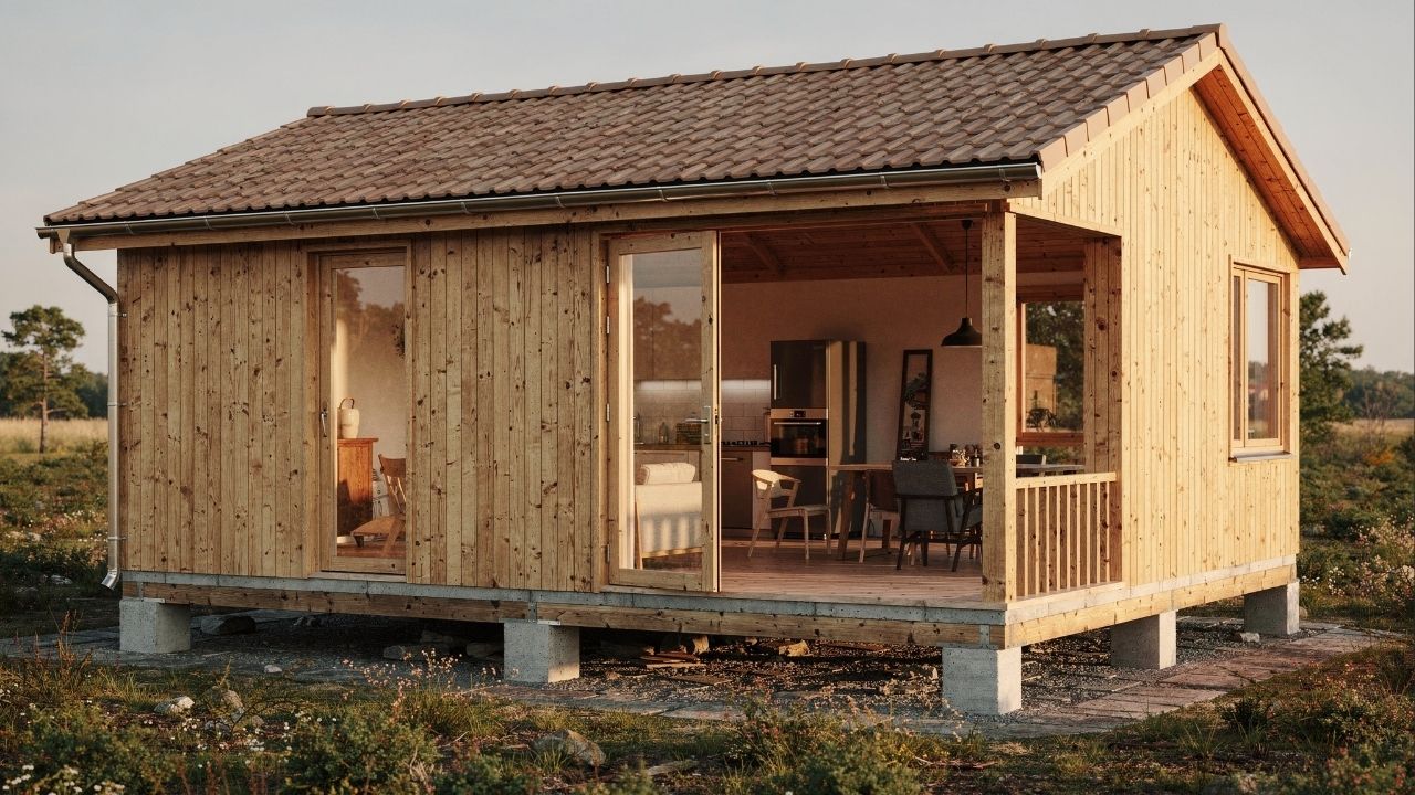 Jovens constroem uma casa de verão em madeira rápida, econômica e funcional