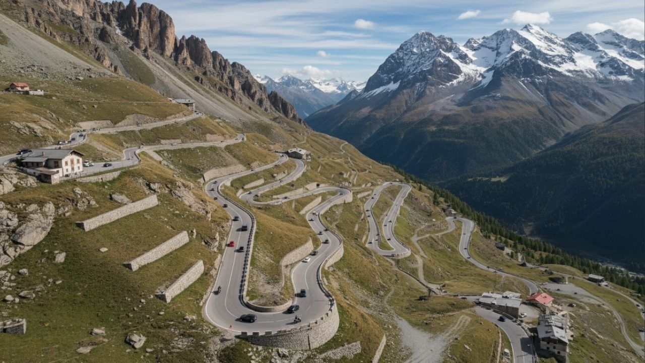 A estrada italiana sobe a 2.757m de altitude; com suas 48 curvas numeradas, o Passo Stelvio é um dos asfaltos mais altos e icônicos da Europa
