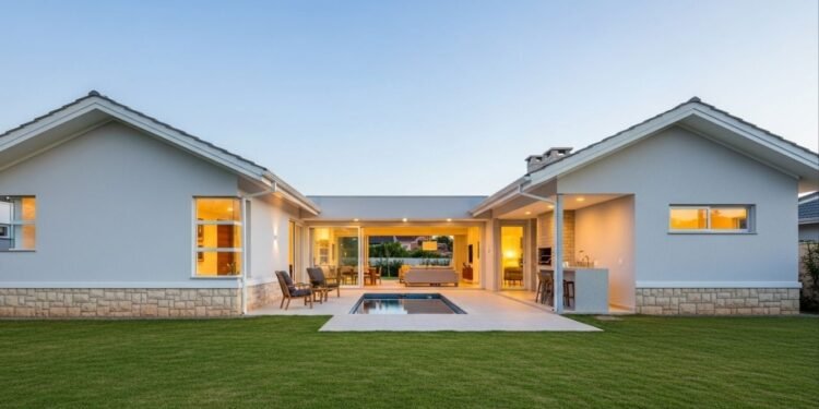 Arquitetura de casa térrea em L com 3 dormitórios e varanda gourmet une integração social e privacidade