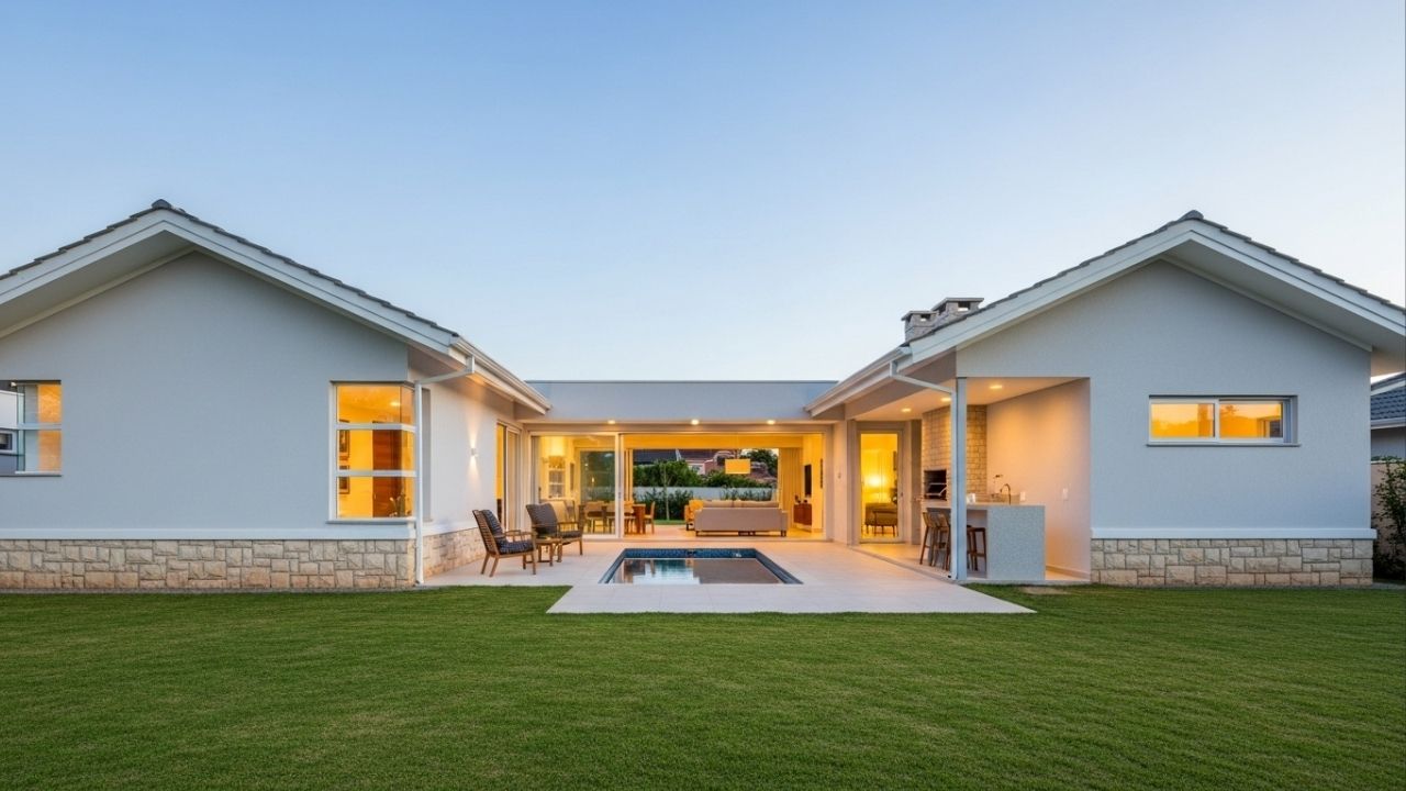 Arquitetura de casa térrea em L com 3 dormitórios e varanda gourmet une integração social e privacidade