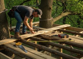 Construtor ergue abrigo elevado entre árvores, suspenso a dois metros do solo, usando apenas troncos e madeira leve