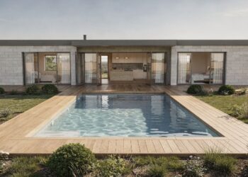 Projeto de casa térrea em U com piscina central, 4 quartos e planta pensada para terrenos amplos