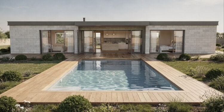 Projeto de casa térrea em U com piscina central, 4 quartos e planta pensada para terrenos amplos