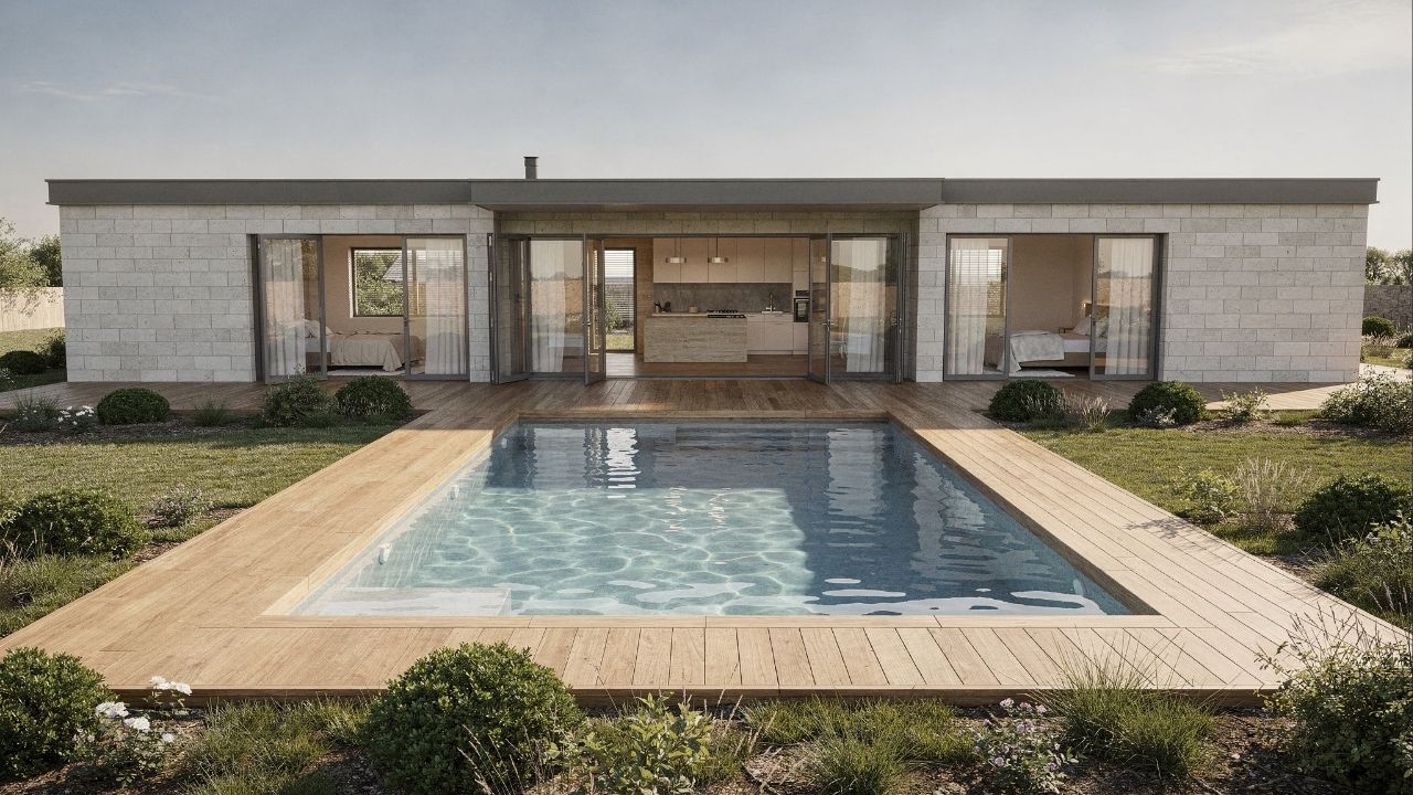 Projeto de casa térrea em U com piscina central, 4 quartos e planta pensada para terrenos amplos