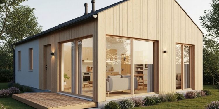 Casa compacta com deck integrado, cozinha aberta e janelas do chão ao teto valoriza bem-estar