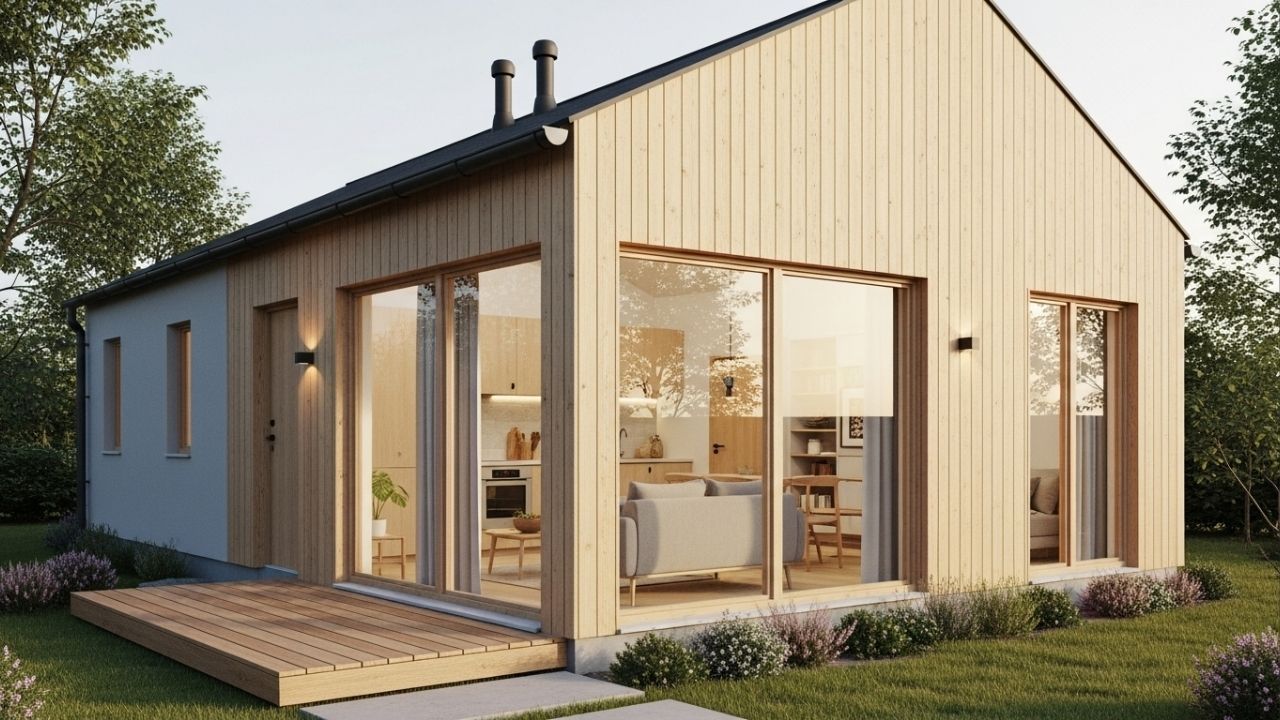 Casa compacta com deck integrado, cozinha aberta e janelas do chão ao teto valoriza bem-estar