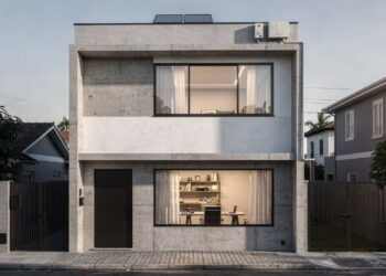 Sobrado compacto de 78 metros quadrados com estúdio no térreo e suíte superior pensado para uso híbrido