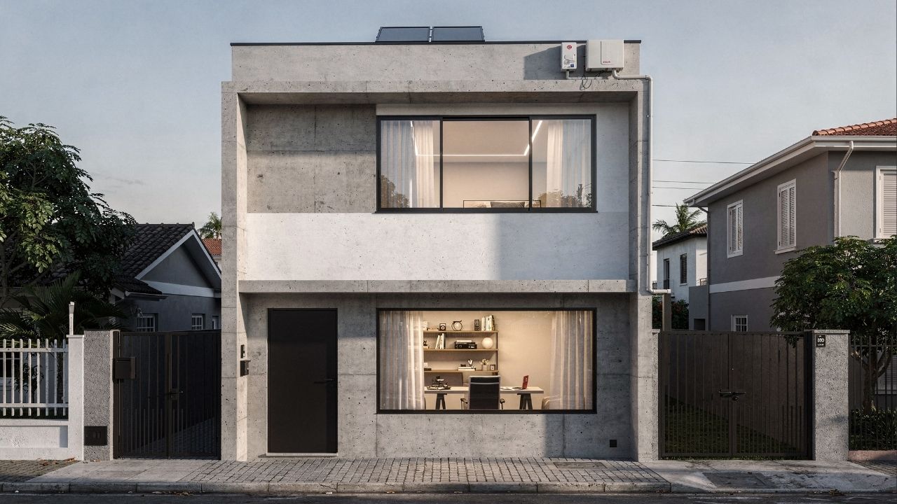 Sobrado compacto de 78 metros quadrados com estúdio no térreo e suíte superior pensado para uso híbrido