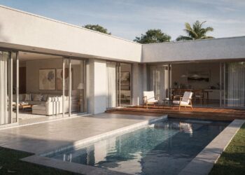 Casa térrea em L com 2 suítes, área gourmet, piscina e design moderno ideal para famílias pequenas