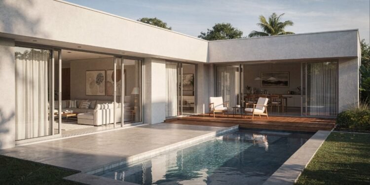 Casa térrea em L com 2 suítes, área gourmet, piscina e design moderno ideal para famílias pequenas