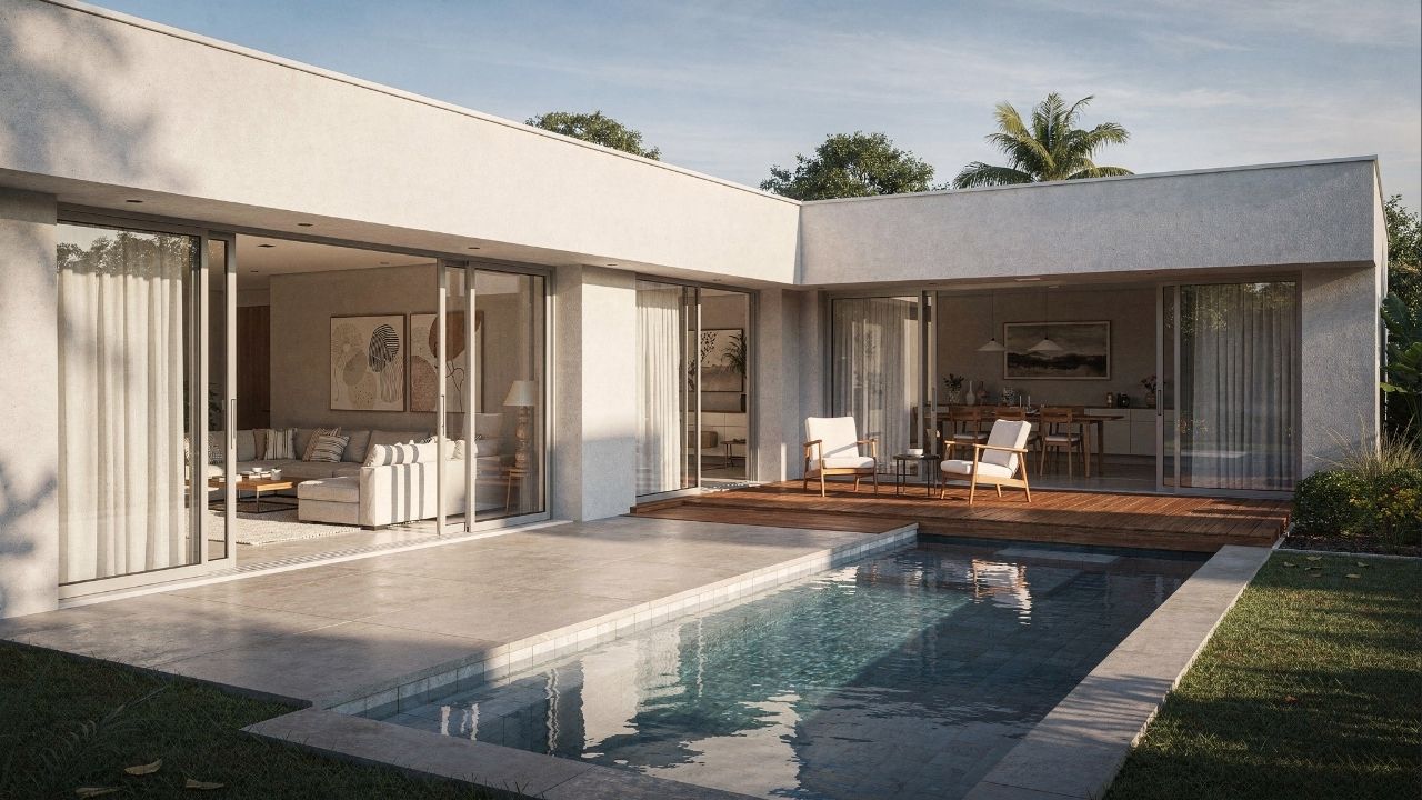 Casa térrea em L com 2 suítes, área gourmet, piscina e design moderno ideal para famílias pequenas