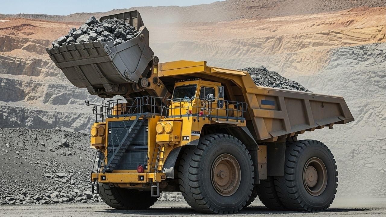 Com pneus de 4 metros e carga de 400 toneladas, o gigante de aço consome 300 litros de diesel por hora na mineração a céu aberto