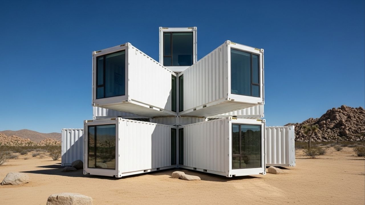 Eles usaram contêineres navais velhos para criar uma mansão de luxo no deserto da Califórnia que explode em várias direções para captar a luz do sol