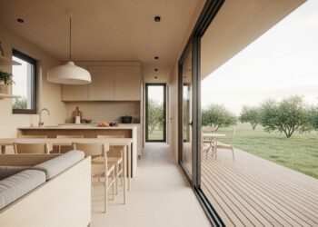 Casa compacta de 40 metros quadrados com planta em L, móveis planejados e estilo rústico