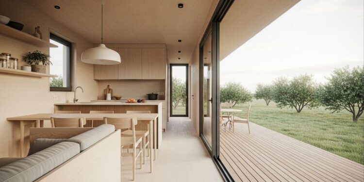 Casa compacta de 40 metros quadrados com planta em L, móveis planejados e estilo rústico