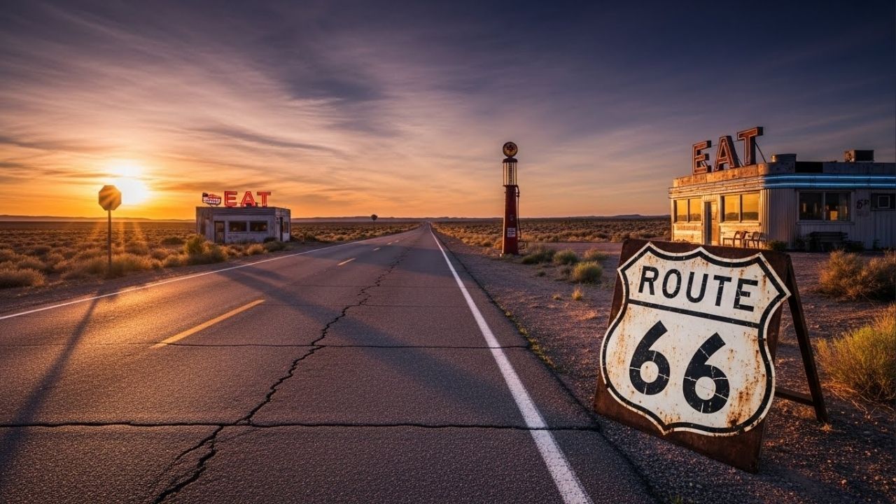 A rodovia de 3.940 km que cruzava 8 estados dos EUA; inaugurada em 1926 e desativada em 1985, a Rota 66 virou a maior lenda das estradas americanas