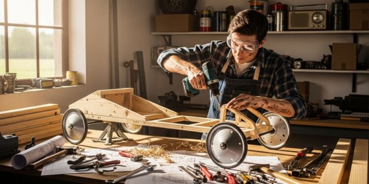 Jovem constrói sozinho carrinho de rolimã com madeira, rolimãs, freios e aerofólio para corridas radicais