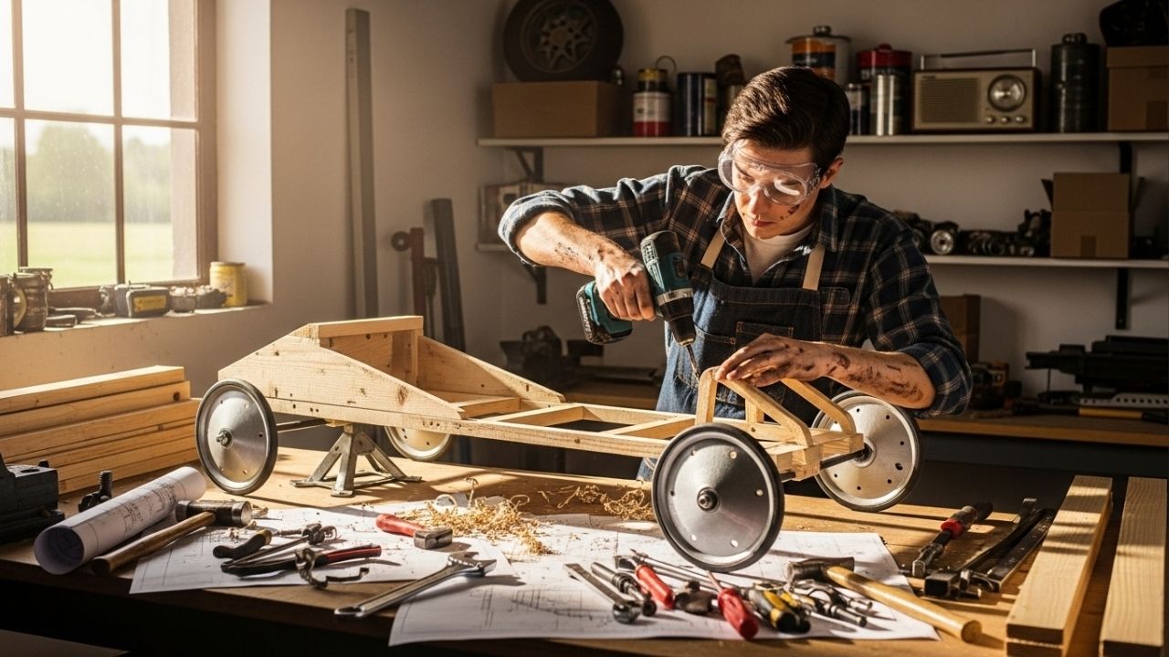 Jovem constrói sozinho carrinho de rolimã com madeira, rolimãs, freios e aerofólio para corridas radicais