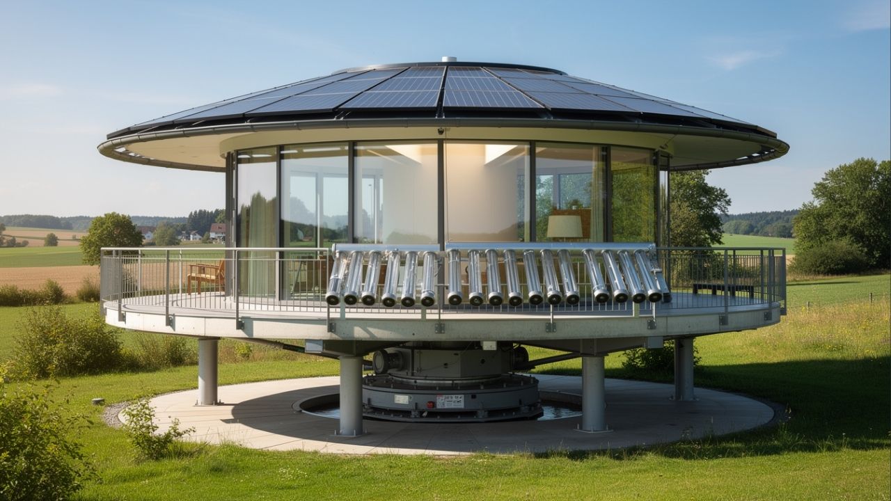 Com um eixo central que gira 360 graus para seguir o sol, a casa alemã gera até cinco vezes mais energia do que consome e elimina o gasto elétrico