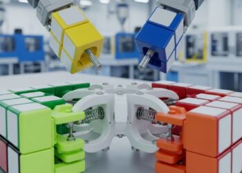 Com 26 peças de plástico injetado sobre um núcleo de nylon, a indústria fabrica o cubo mágico que permite giros precisos em milissegundos