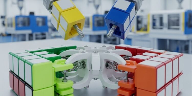 Com 26 peças de plástico injetado sobre um núcleo de nylon, a indústria fabrica o cubo mágico que permite giros precisos em milissegundos