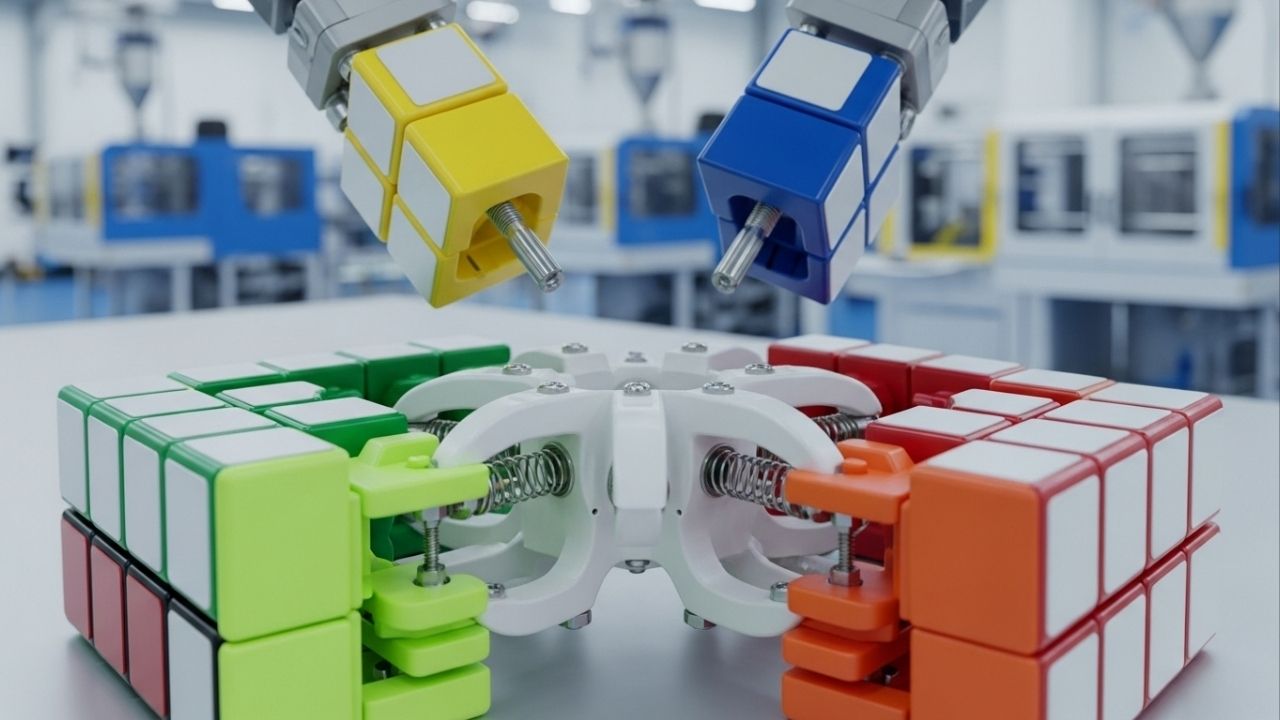 Com 26 peças de plástico injetado sobre um núcleo de nylon, a indústria fabrica o cubo mágico que permite giros precisos em milissegundos