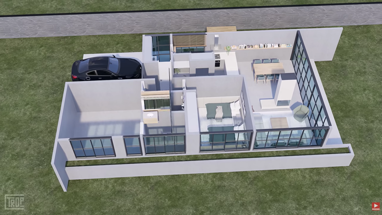 Casa contemporânea de 140 metros quadrados com 3 quartos, fachada de vidro e telhado oculto para famílias jovens