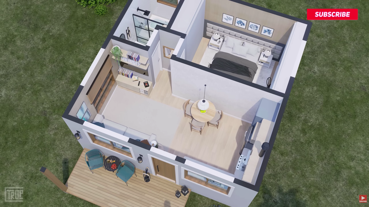 Casa compacta de 36m² com design moderno, integração total e acabamento sofisticado para jovens profissionais