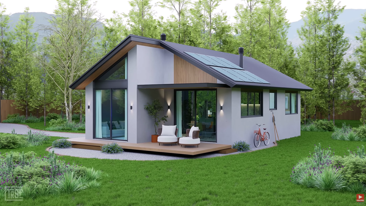 Residência de 75 metros quadrados com fachada moderna, sala de estar e 2 quartos com um uma suíte master