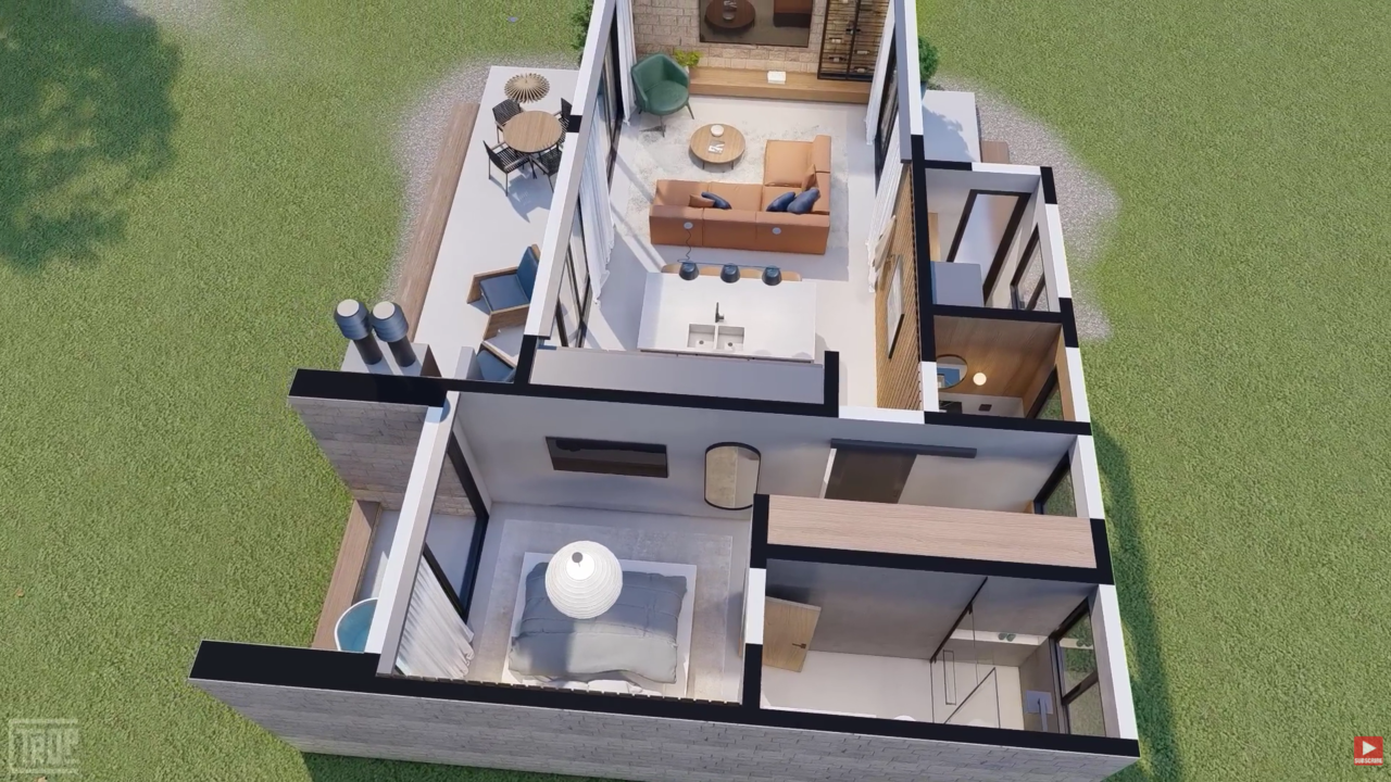 Casa compacta com deck integrado, cozinha aberta e janelas do chão ao teto valoriza bem-estar